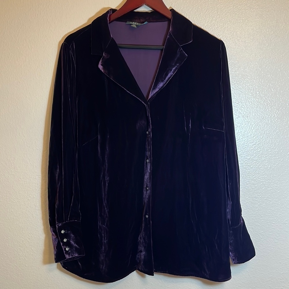 Lauren Ralph Lauren Purple Velour Plus Size Long Sleeve Shirt